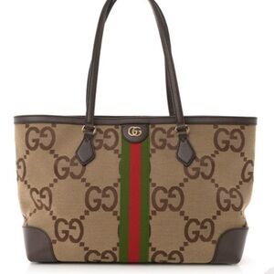 💯% Authentic Gucci Monogram Jumbo GG Textured Calfskin Ophidia Tote Camel Ebony✨